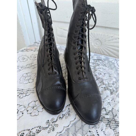 Antique 1910s Edwardian Womens Black Leather High Lace Up Boots sz-4-5 - Picture 2 of 16